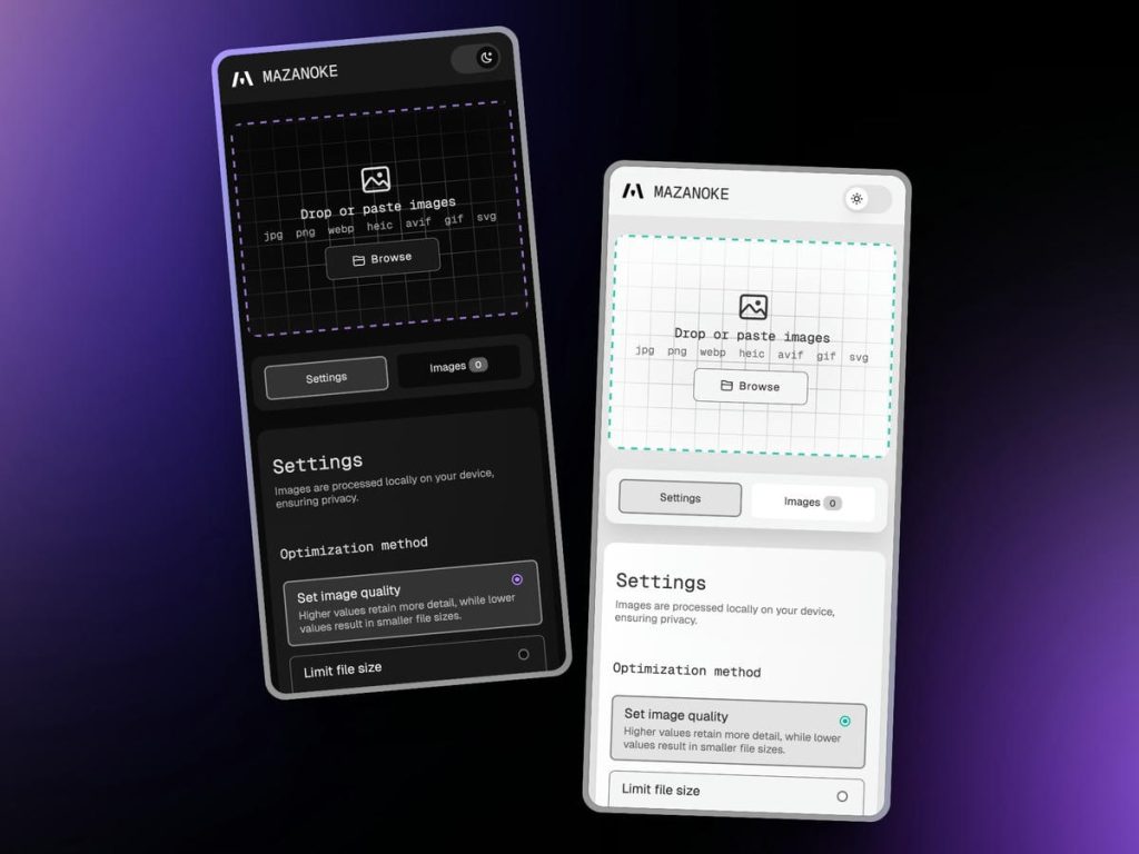 MAZANOKE v1.1.0 Released: A Private, Self-Hosted Image Optimizer Now Supporting HEIC, Clipboard Paste, and More | mazanoke featured image mobile group dark light