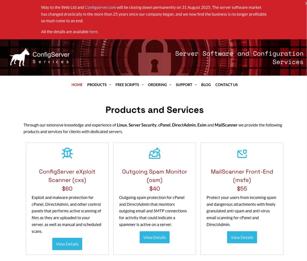ConfigServer to Shut Down Permanently on August 31, 2025, Ending Support for Its Security Tools | configserver down web