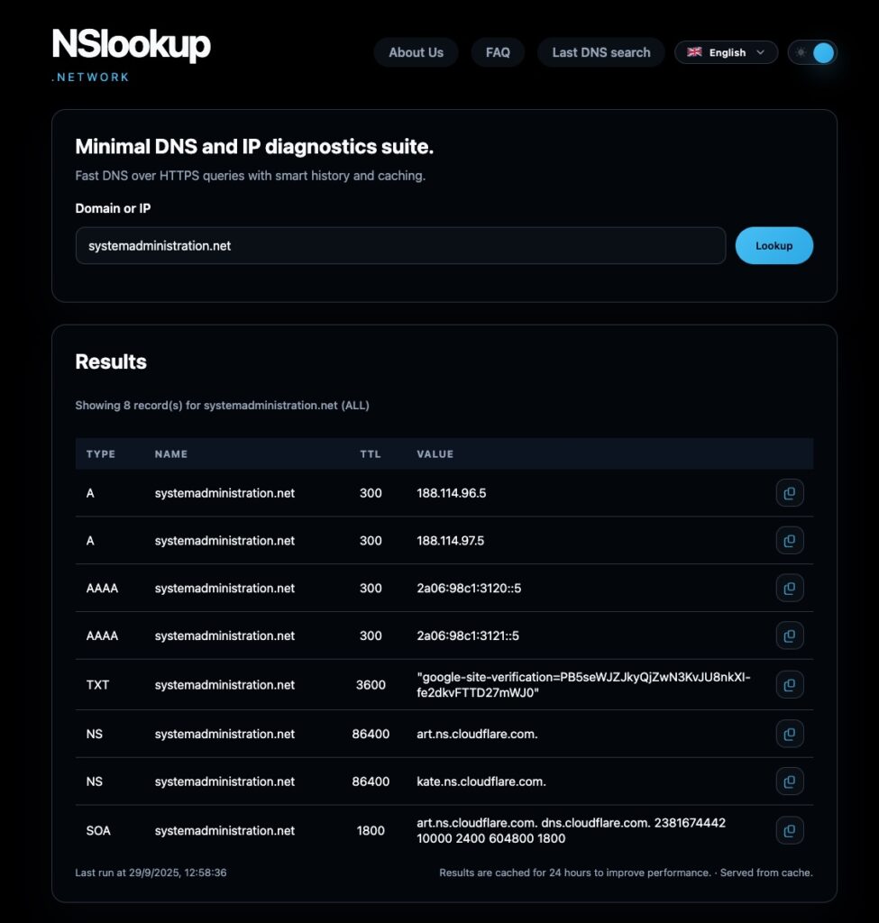 NSLookup.Network for sysadmins: authoritative DoH lookups, traceable results, and shareable permalinks | nslookup network sysadministration