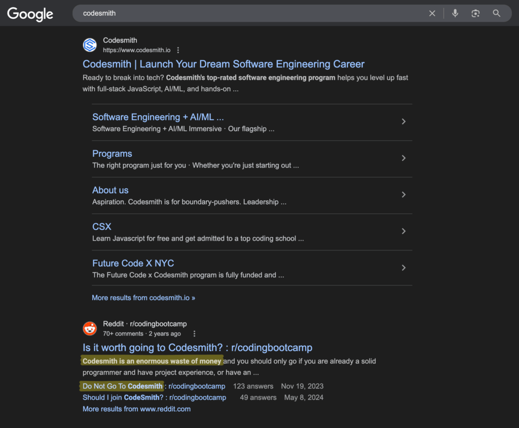 One Moderator, Three Channels of Influence, and a Revenue Collapse: The Codesmith Case That Stress-Tests Reputation in the Reddit–Google–ChatGPT Era | Codesmith Google Search Result