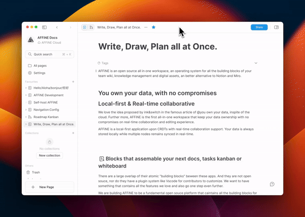 AFFiNE: the privacy-first, open-source alternative to Notion and Miro that lets you write, draw, and plan on a single canvas AFFiNE: the privacy-first, open-source alternative to Notion and Miro that lets you write, draw, and plan on a single canvas | affine