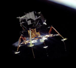 System Administration. Home | Apollo 11 Lunar Module Eagle in landing configuration in lunar orbit from the Command and Service Module Columbia