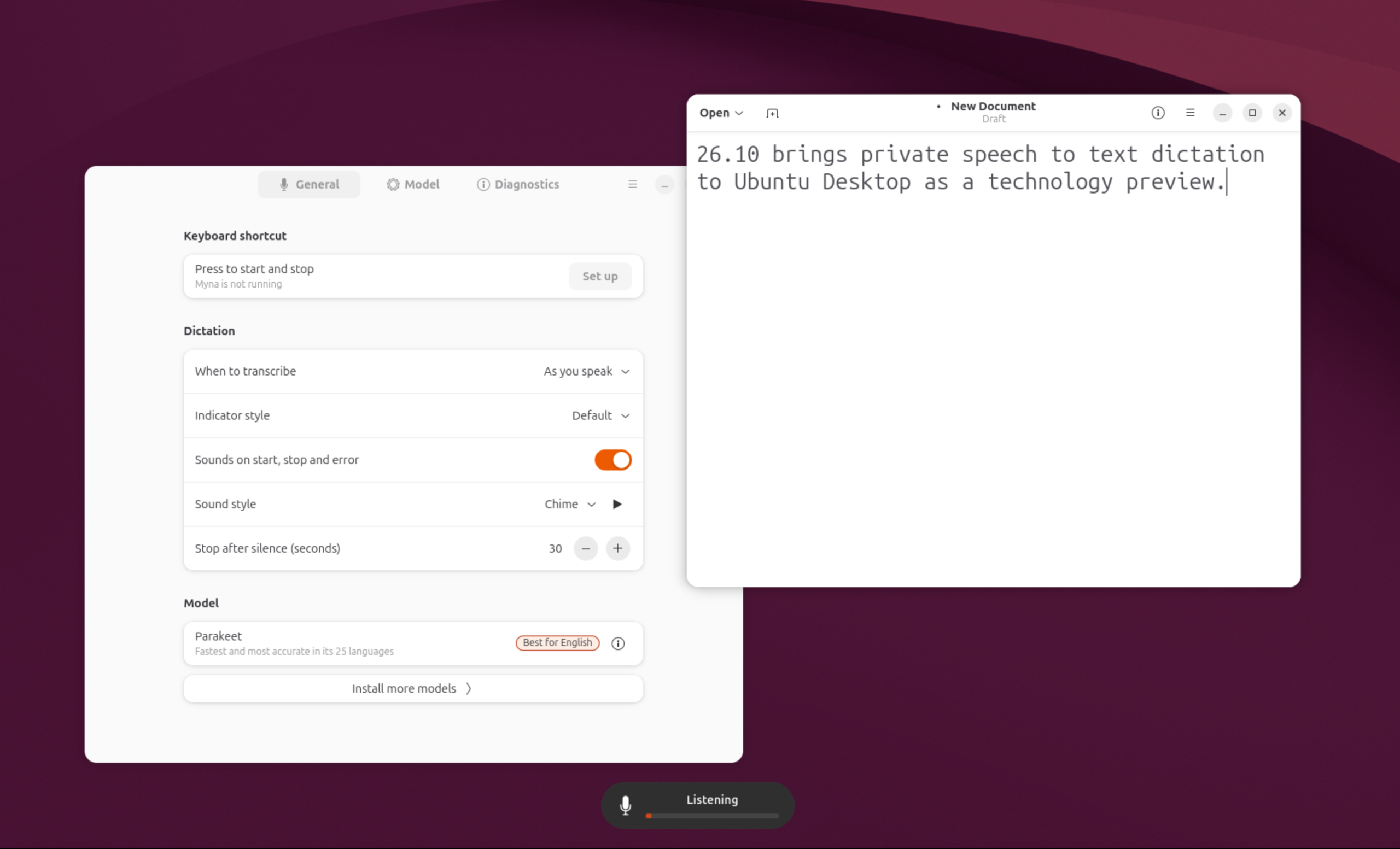 Myna local speech-to-text settings in Ubuntu 26.10