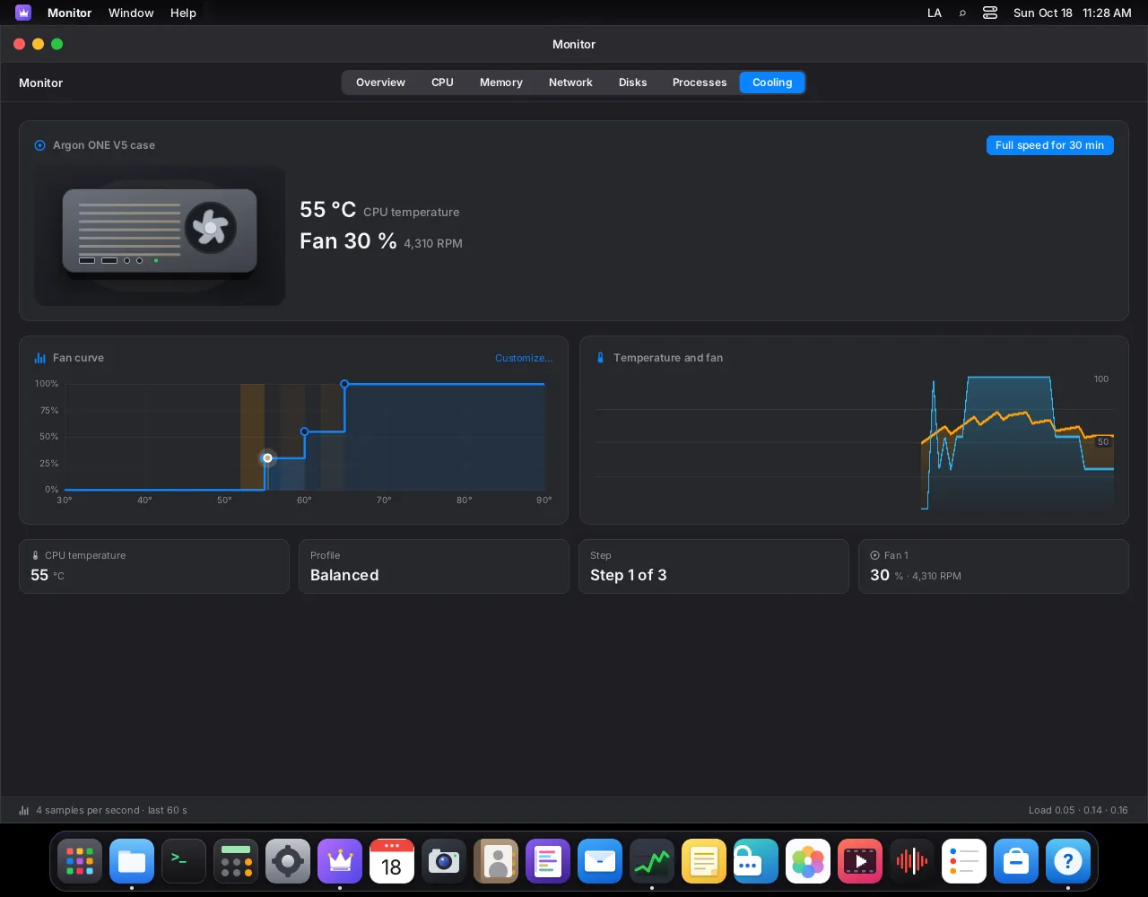 LordOS: a Debian-based distro with its own display server and a visible firewall LordOS Monitor app showing temperatures and fan curves