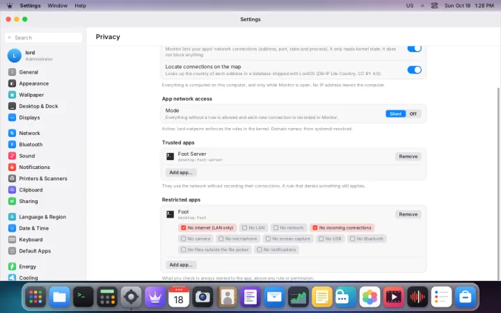 LordOS: a Debian-based distro with its own display server and a visible firewall Per-app firewall settings in LordOS
